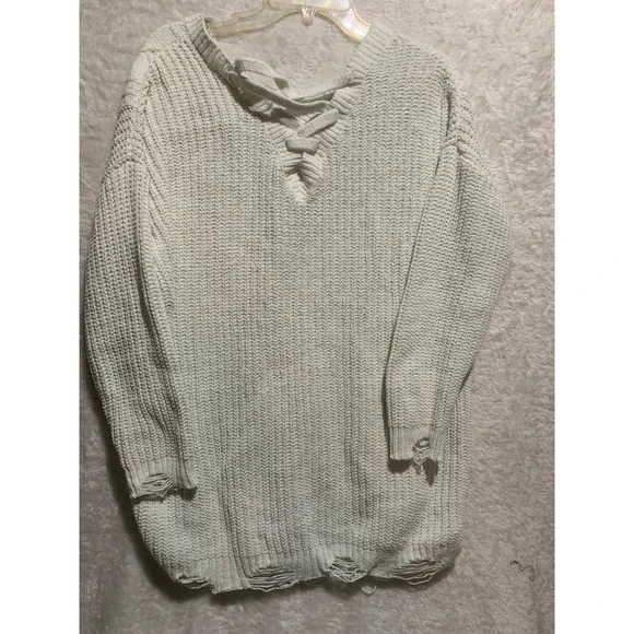 Derek‎ Heart XL Cream Cable Knit Lace Up V Neck Distressed Tunic Sweater - Picture 6 of 10